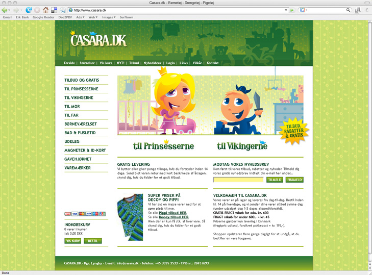 Website design from the frontpage of the webshop Casara.dk. The Topbanner is green with a Casara logo on.