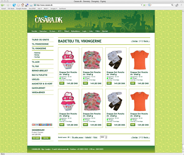 Website design from a subpage of the webshop Casara.dk. The products in the webshop are childrens clothing.