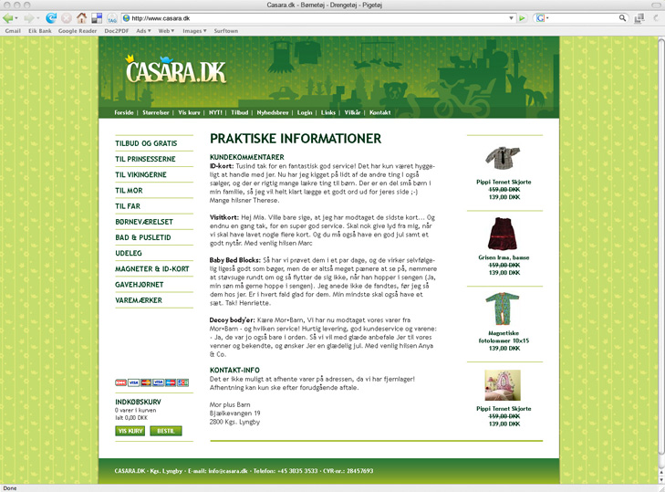 Website from a subpage with text from the webshop Casara.dk.