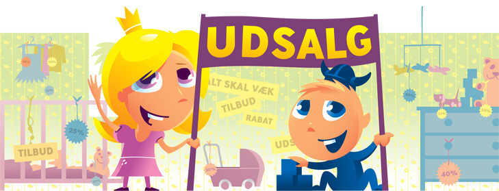 Alternative frontpage illustration for the webshop Casara.dk with a sale theme. The two child mascots holds a big sale banner and there are several sale stickers hanging on the wallpaper in the background.