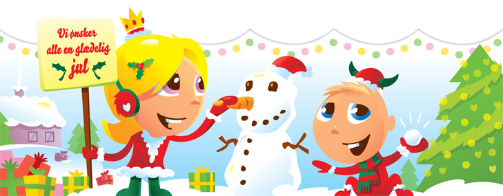 Alternative frontpage illustration for the webshop Casara.dk with a Christmas theme. The two child mascots wears christmas outfits. It is snowing and the girl holds a banner with the We wish everyone a Merry Christmas. The kids are building a snowman.