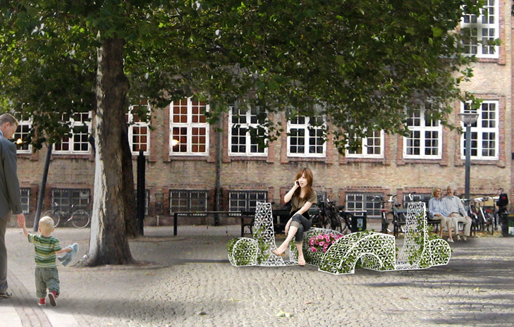 Visualisering af byrumsinstallation som forestiller en scooter lavet af et metal-gitter. Der vokser planter og blomster op imellem hullerne i gitteret. Scooteren står under et træ ved Gammel Strand i København.