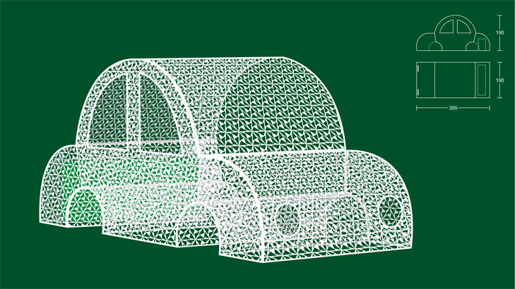 3D tegning og konstruktionstegning af byrumsinstallation som forestiller en bil lavet af et hvidt metalgitter.
