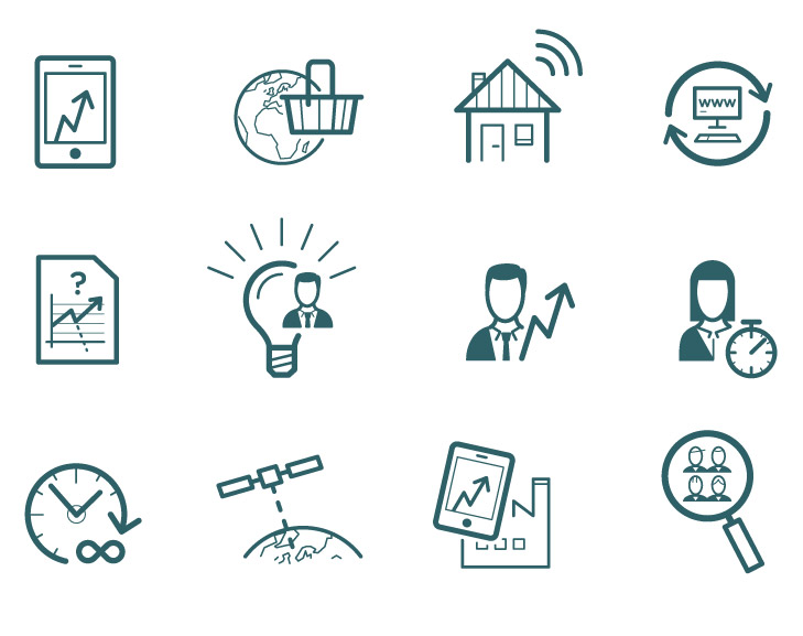 12 icons designed for the yearly report from The Danish Industry Foundation. They illustrate special topics such as digitalisation, leader- and employee programs, comminication and the stock market.