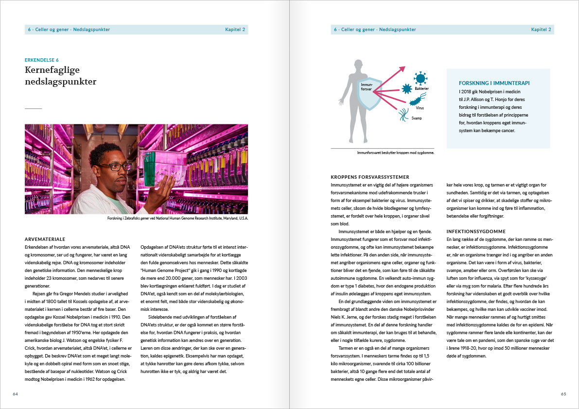 Layout af opslag med side 64 og 65 fra Naturvidenskabens ABC. Opslaget indeholder de kernefaglige nedslagspunkter fra afsnittet med erkendelse nummer 6: Celler og gener. Venstre side viser et laboratorie med zebrafisk akvarier i et lilla skær. Højre side viser en infografik med et menneske der holder et skjold som afviser bakterier for at illustrerer immunforsvar.