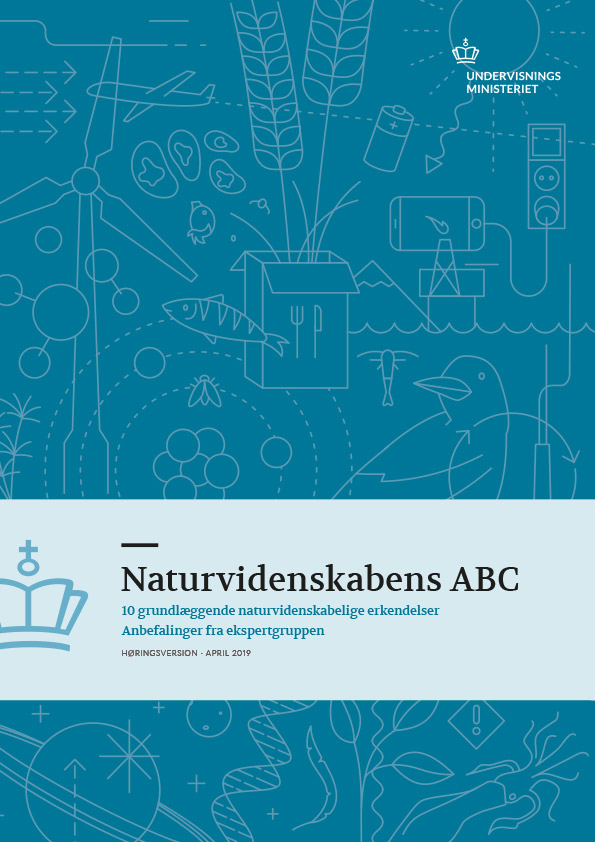 Layout og design af forsiden til Naturvidenskabens ABC udgivet af Undervisningsministeriet. Hovedelementet på forsiden er en række simple stregtegnede illustrationer i en farve med temaet naturvidenskab. De ligger tæt og danner et mønster. Der er fokuseret på en vindmølle, en stor krage, nogle kornaks, planeter og modeller af atomer.