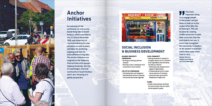 Layout of spread from the publication Community Based Living Labs South Harbour. The left page focuses on a big picture from a street part in South Harbour. The right page focuses on a photo of a convenience store and big quote.