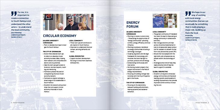 Layout af opslag fra udgivelsen Community Based Living Labs South Harbour. Fokus pÃ¥ to citater og bokse med tekst. Overskriftern er Circular Economy og Energy Forum.