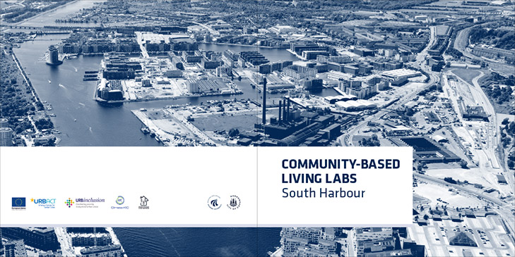 Layout of the cover from the publication Community Based Living Labs South Harbour. The main element of the cover is an aerial photo of South Harbour in Copenhagen stretching from the frontpage to the back. The photo is toned in blue colors. On the back there is 7 logos and on the frontpag the focus is the title: Community Based Living Labs, South Harbour.