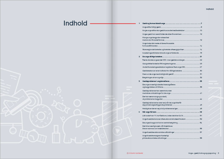 Finance Denmark, Report on young peoples debts, spending and savings: Layout of content spread.